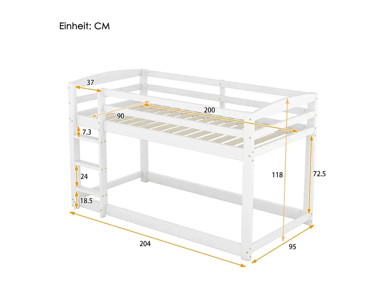 Lit superposé blanc avec dimensions indiquées. La hauteur totale est de 118 cm, la largeur de 95 cm et la longueur de 204 cm.