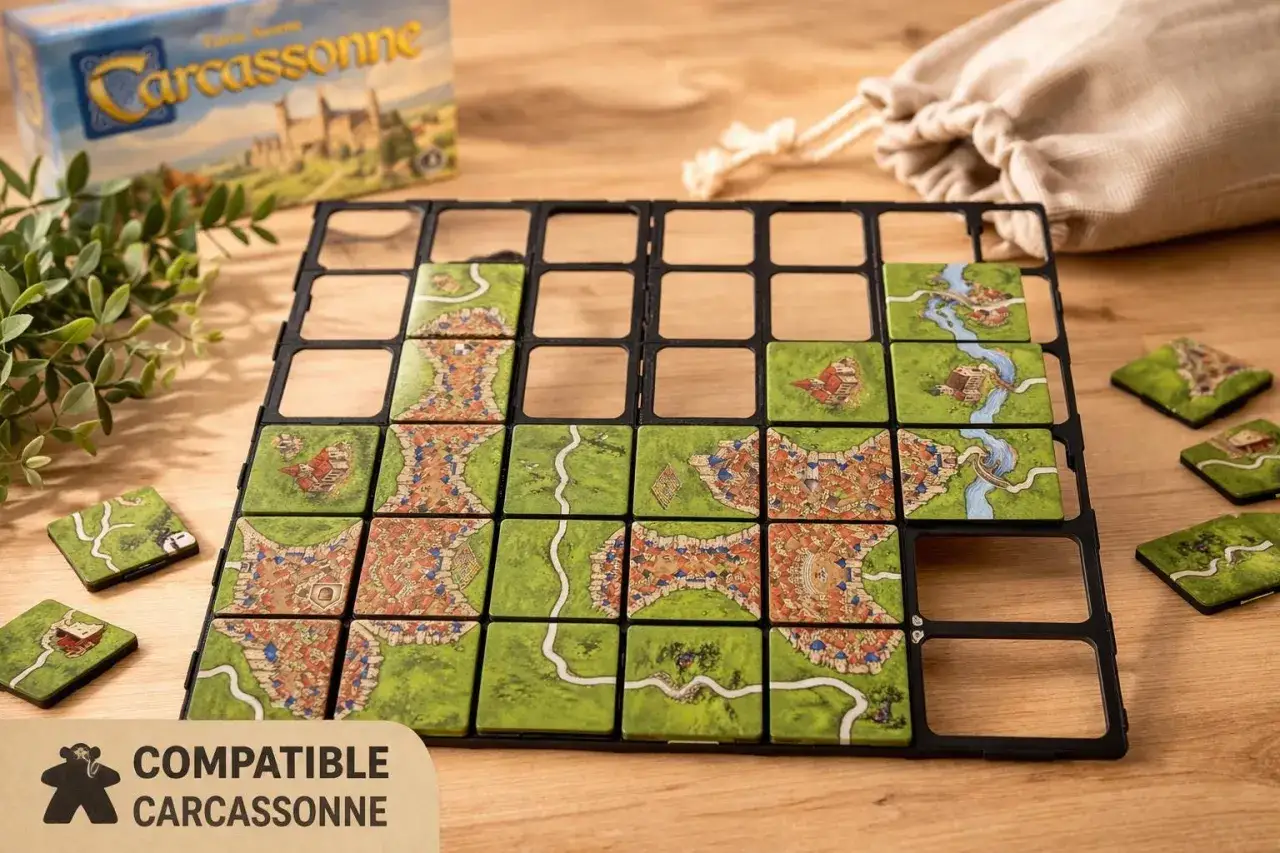 Plansza do gry Carcassonne, z kafelkami przedstawiającymi miasta, drogi i rzeki. W tle pudełko gry i woreczek na kafelki.