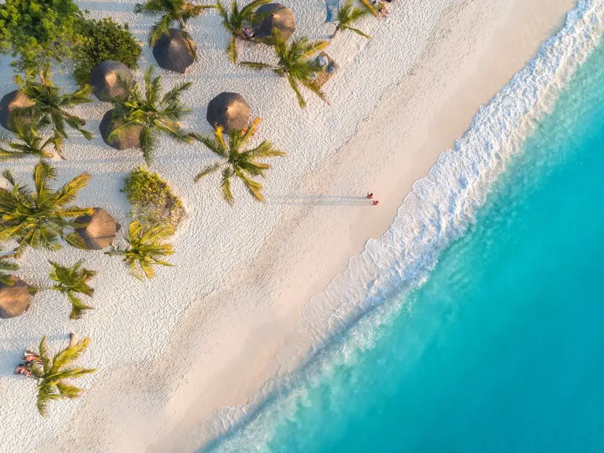 Rajska plaża na Zanzibarze w lutym. Palmy, biały piasek i turkusowa woda. Dwie osoby spacerują brzegiem morza.