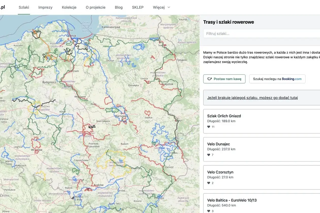 Mapa Polski z zaznaczonymi trasami velo. Kolorowe linie pokazują sieć szlaków rowerowych, idealnych do planowania wycieczek.