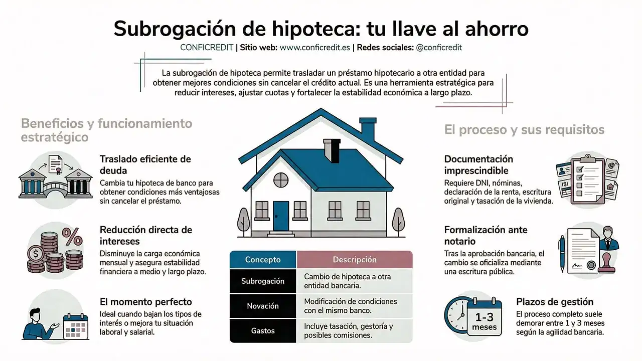 Infografía sobre subrogación de hipoteca. Explica cómo cambiar tu préstamo a otro banco para mejorar condiciones, aunque no seas propietario, pagando tu hipoteca.