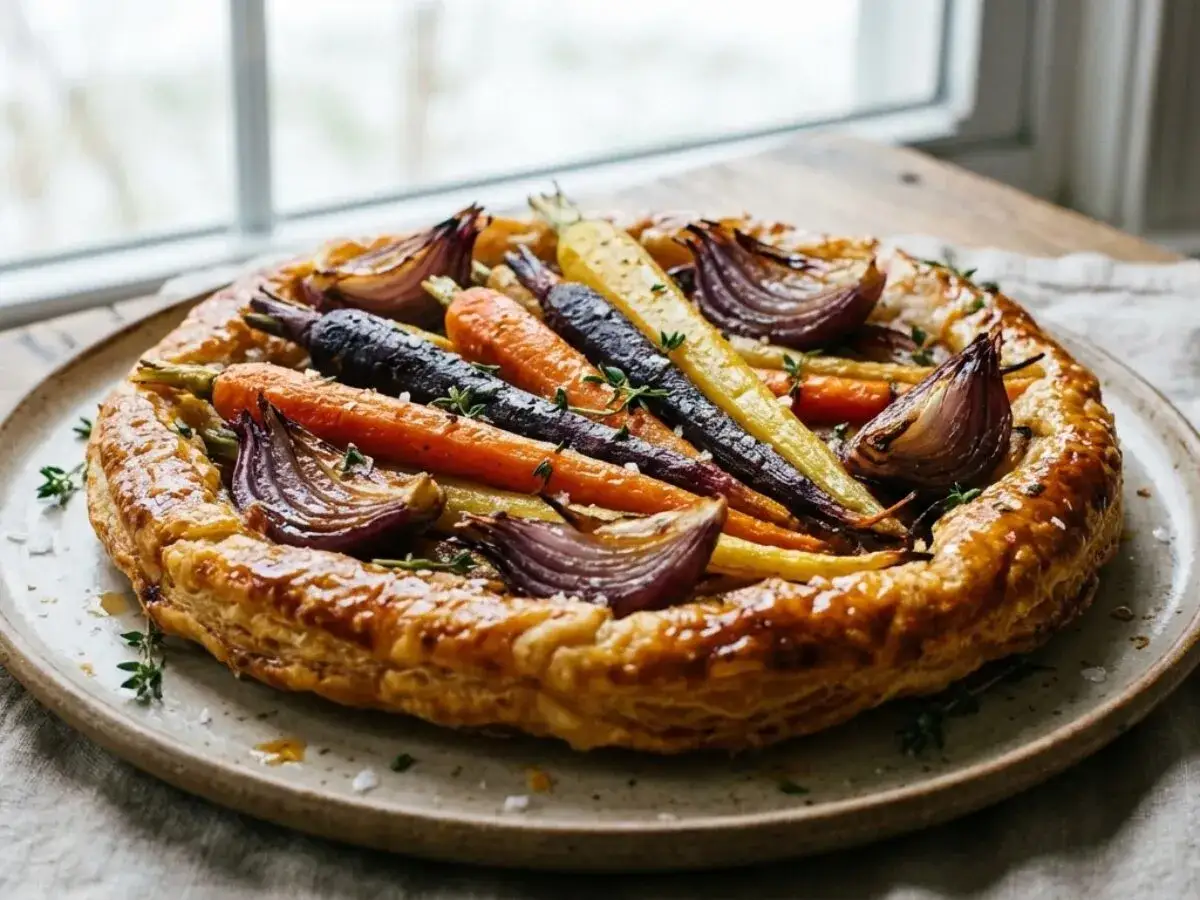 Tarte rustique aux carottes multicolores, oignons rouges r&ocirc;tis et touche de moutarde, garnie de thym frais. Un d&eacute;lice visuel et gustatif.
