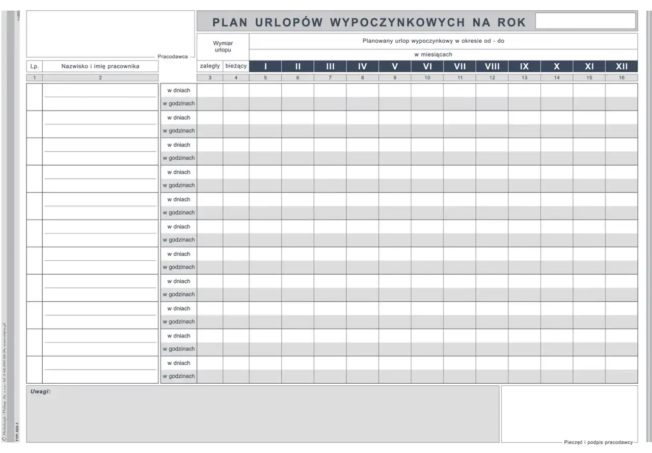 Plan urlop&oacute;w wypoczynkowych na rok, z podziałem na miesiące i dni/godziny. Od kiedy 35 dni urlopu?