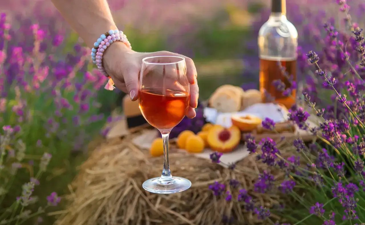 Ręka trzyma kieliszek różowego wina na tle pola lawendy. Obok butelka wina, chleb i brzoskwinie. Idealny sposób, by dowiedzieć się, jak dosłodzić wino po fermentacji.