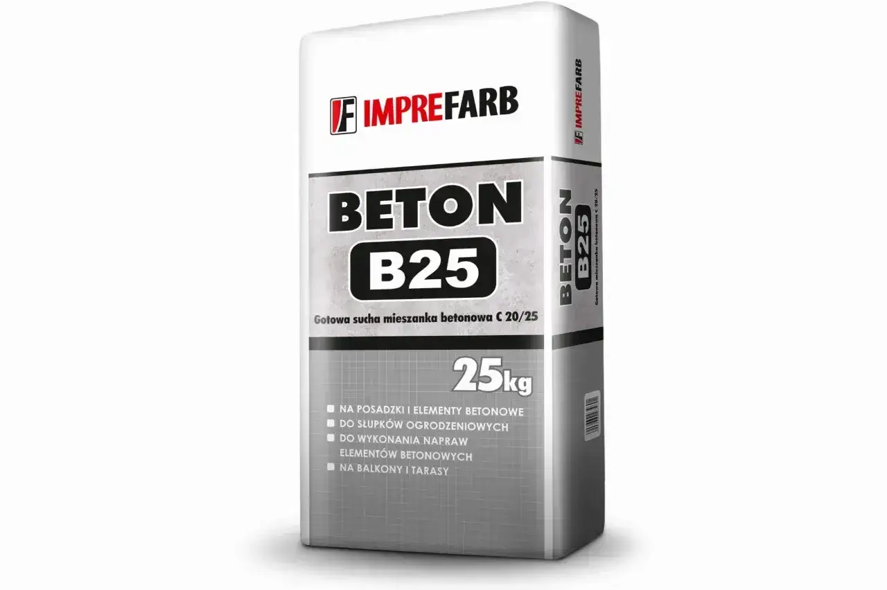 Worek z suchą mieszanką betonową B25 marki IMPREFARB, 25kg. Idealny do fundamentów, ogrodzeń, napraw i balkonów.