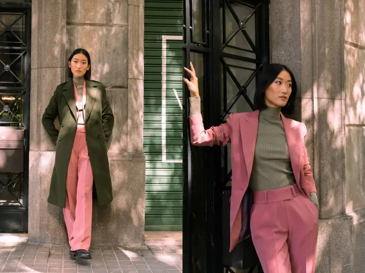 Dos mujeres posan con trajes elegantes. Una lleva un abrigo largo verde oscuro y pantalones rosas. La otra, un traje rosa con un jersey de tonos de verde oscuro.