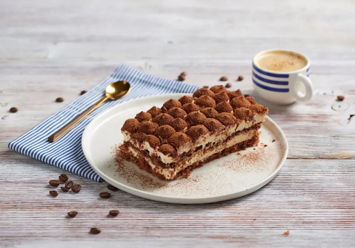 Pyszny, warstwowy deser tiramisu z mascarpone, posypany kakao, obok filiżanka kawy i złota łyżeczka. Idealny sprawdzony przepis na tiramisu z mascarpone.