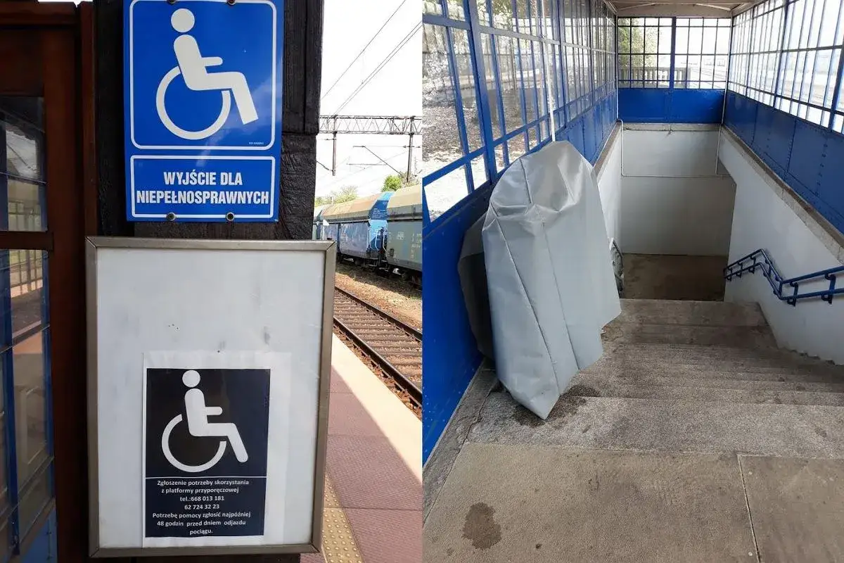 PKP zniżki dla niepełnosprawnych stopień umiarkowany. Znak wyjścia dla niepełnosprawnych na peronie, obok schodów.