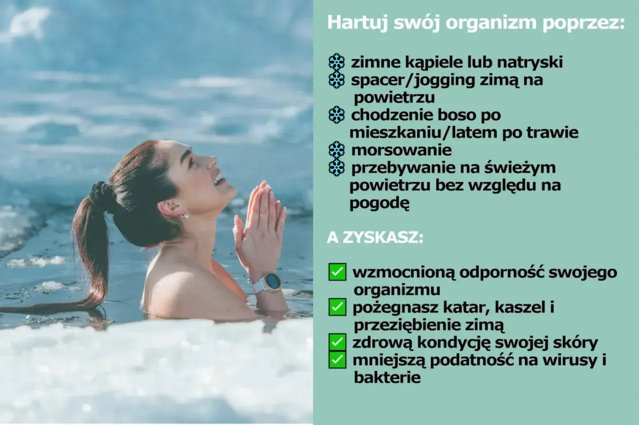 Kobieta zanurza się w lodowatej wodzie, uśmiechając się. Obraz promuje hartowanie organizmu poprzez zimne kąpiele, morsowanie i inne metody.