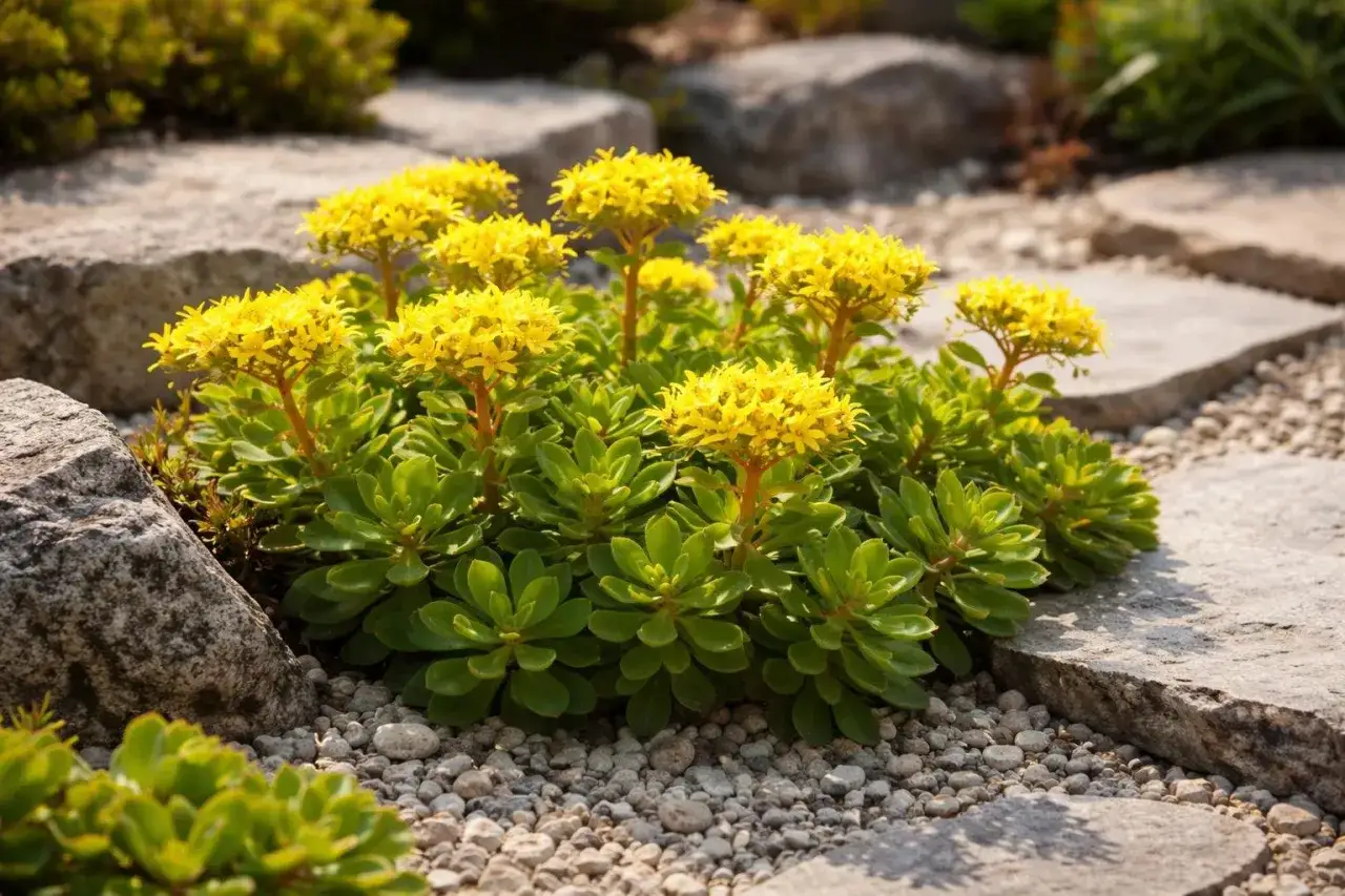 Fetthenne blüht üppig im Steingarten. Der ideale fetthenne standort ist sonnig und trocken, wie hier zwischen grauen Steinen und Kies.
