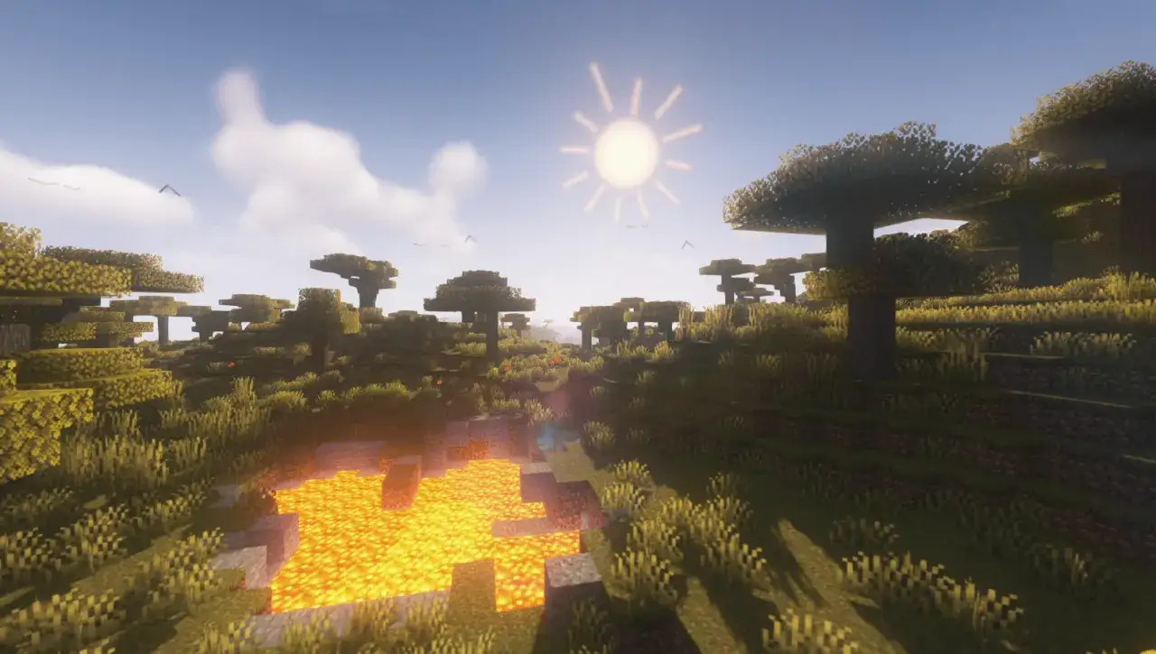 Sawanna w Minecraft 1.20.1 z Optifine. Słońce świeci nad płynącą lawą i akacjami.