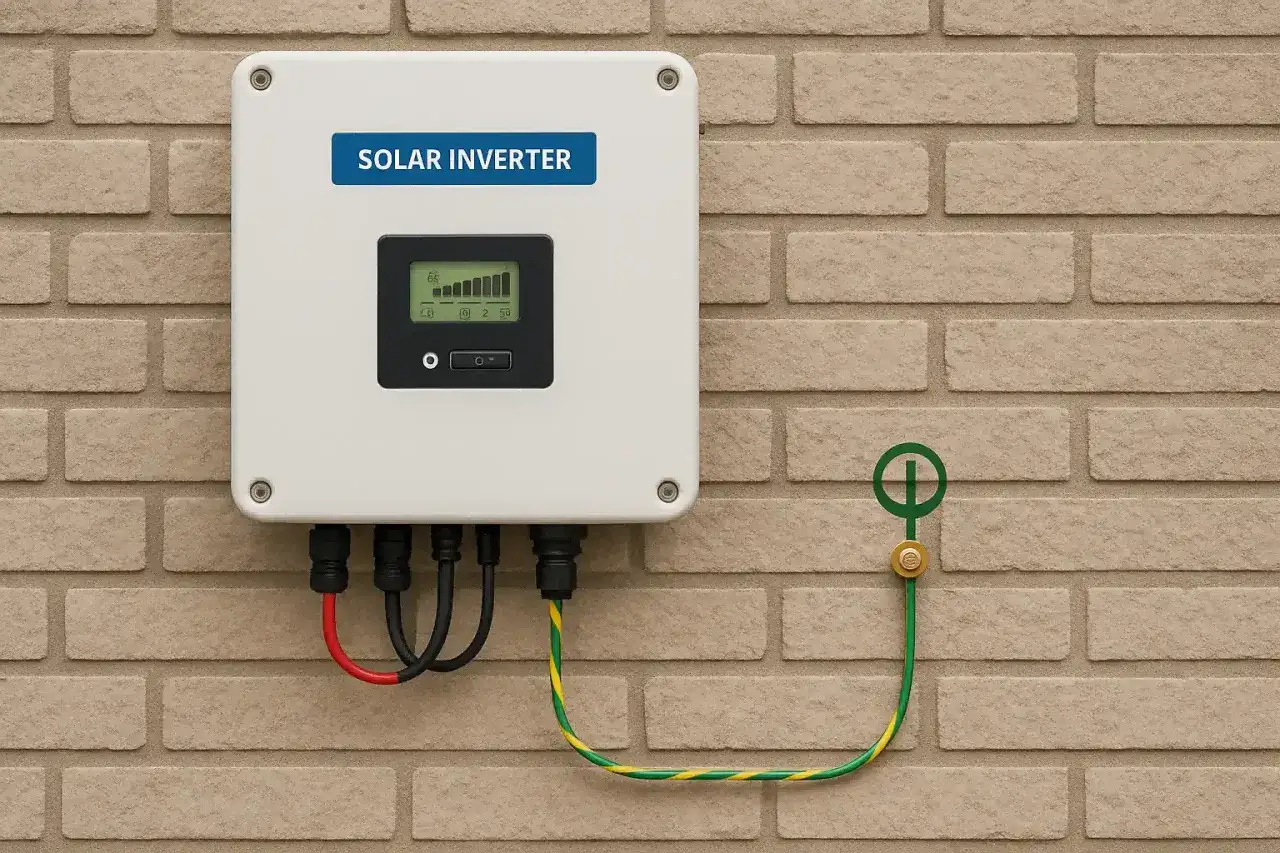 Falownik solarny na ceglanej ścianie, z ekranem LCD i przewodami. Uziemienie z symbolem, minimalizujące potencjalne **emf**.