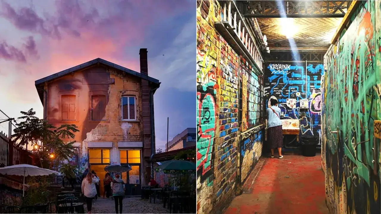La gare le gore : un visage géant sur une façade délabrée, et un couloir aux murs couverts de graffitis colorés.