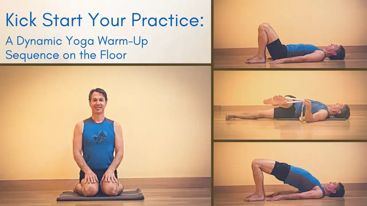 Un homme pratique un &eacute;chauffement yoga dynamique au sol, montrant diff&eacute;rentes postures pour bien commencer la s&eacute;ance.