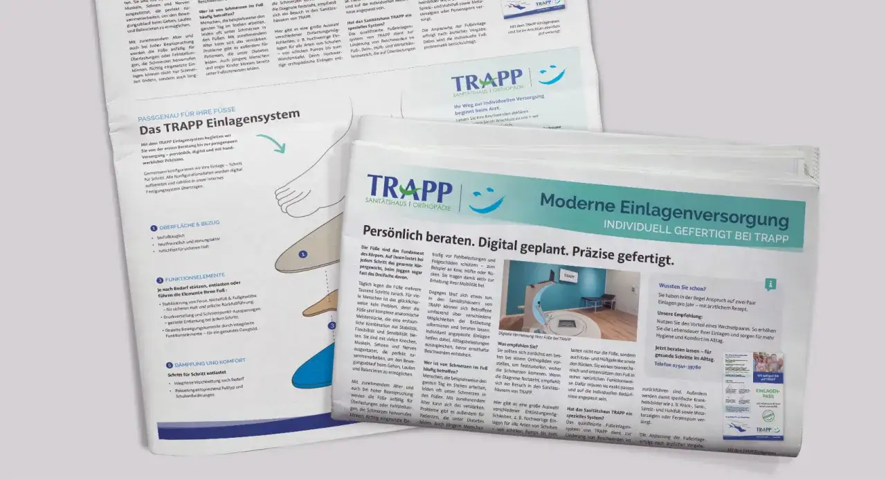 Individuell gefertigte Einlagen auf Rezept: TRAPP bietet moderne Einlagenversorgung f&uuml;r gesunde F&uuml;&szlig;e und mehr Mobilit&auml;t.