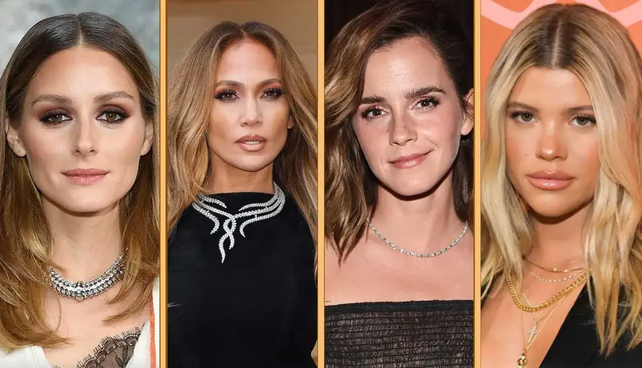 Quattro donne con look curati da un makeup artist esperto: Olivia Palermo, Jennifer Lopez, Emma Watson e Sofia Richie, tutte con gioielli scintillanti.