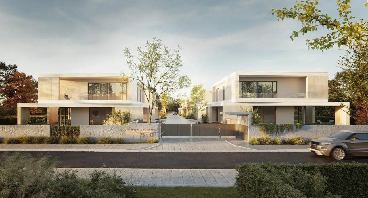 Nowoczesne domy szeregowe Lipowa Living, projekt jdm deweloper. Elegancka architektura, przestronne wnętrza, otoczone zielenią.