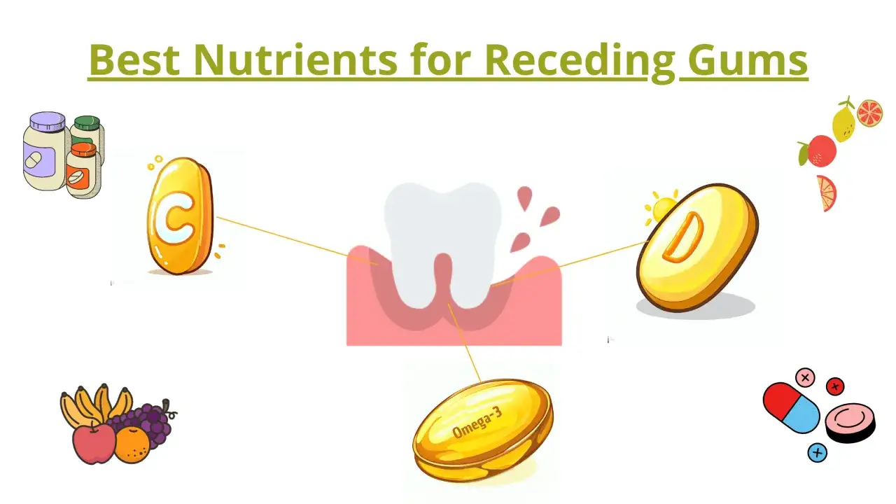 Vitamine C, D e Omega-3 per gengive ritirate. Frutta, integratori e pillole.