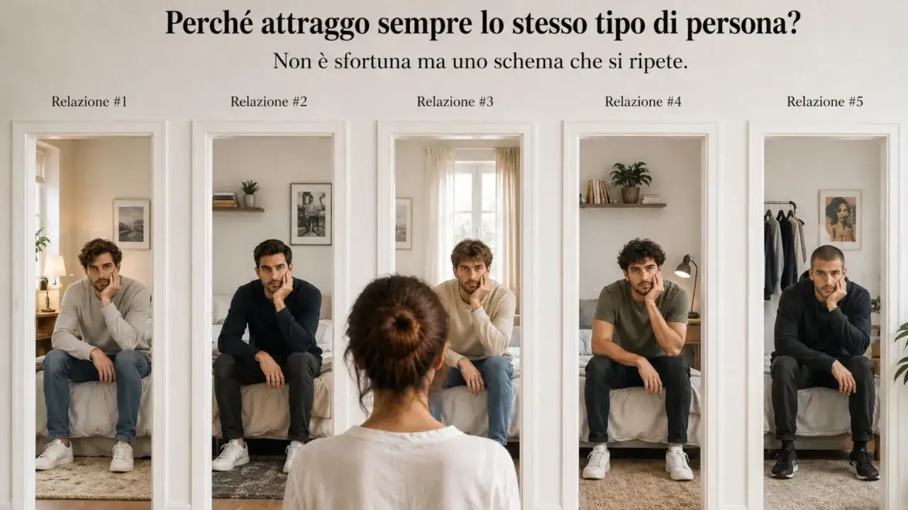Cinque uomini seduti, tutti con lo stesso sguardo pensieroso. Come faccio a fidanzarmi con uno diverso? Forse è uno schema che si ripete.