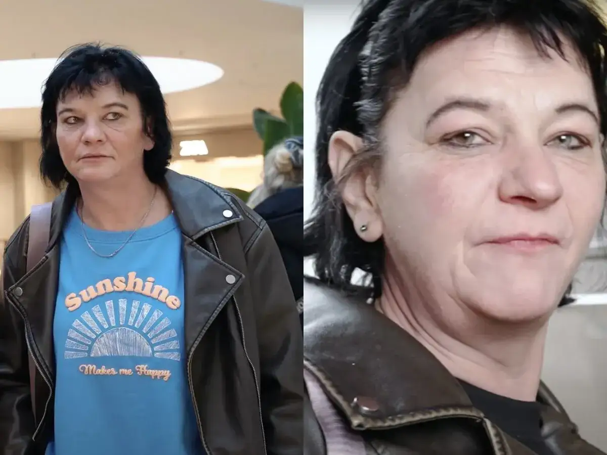 Gosia w skórzanej kurtce i niebieskiej bluzie z napisem 