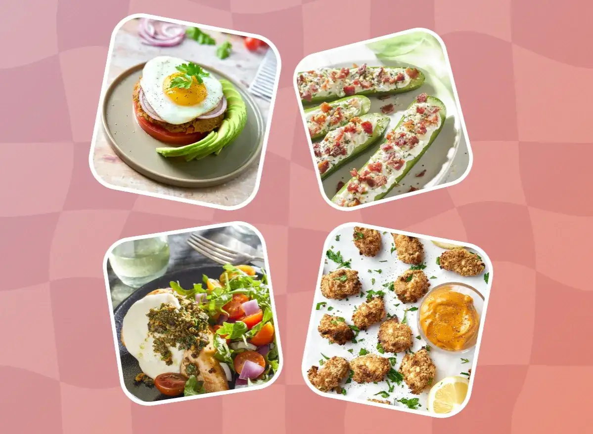 L&auml;ckra m&aring;ltider f&ouml;r ketos diet: en burgare med &auml;gg, fyllda gurkor med bacon, kyckling med sallad och krispiga nuggets med dipps&aring;s.