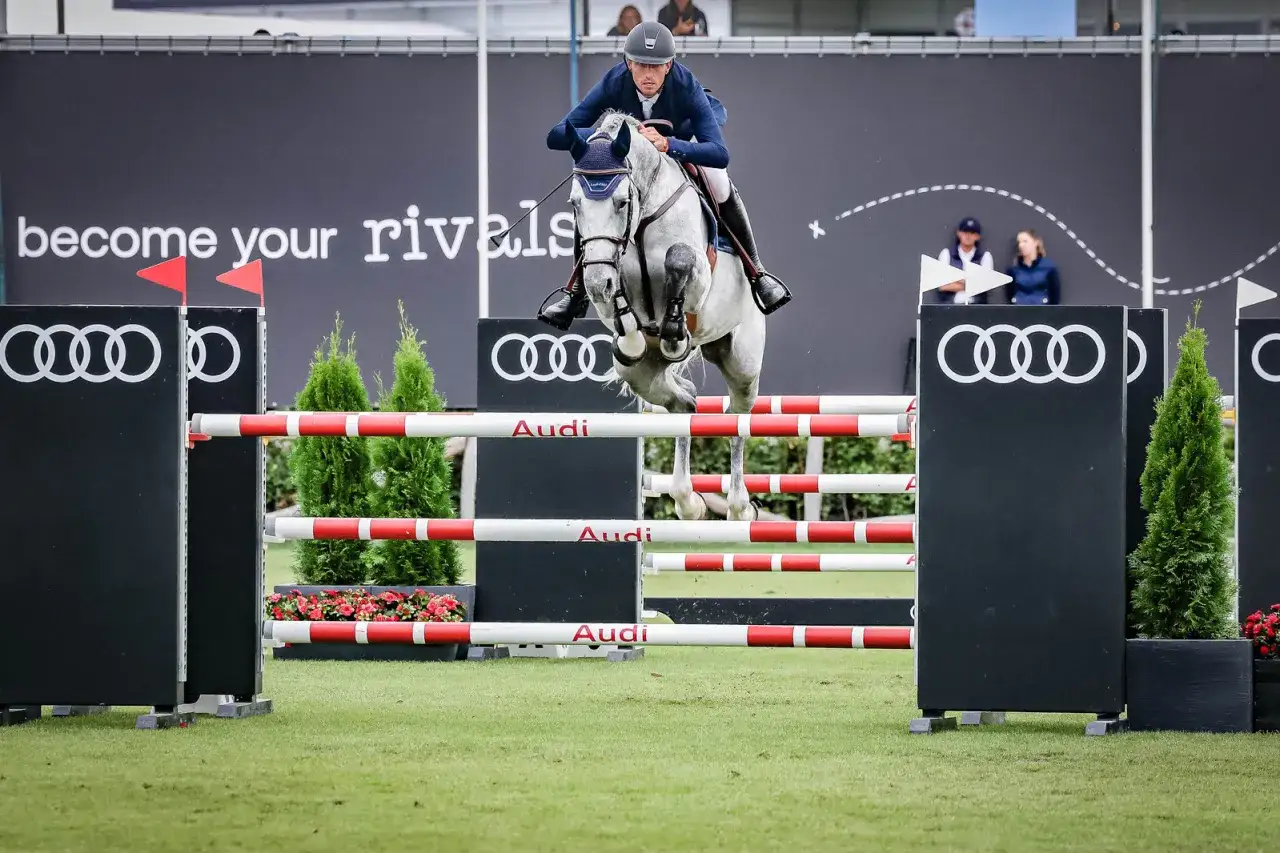Cavalier et cheval gris en plein saut d'obstacles, sous un ciel couvert, le tout dans une ambiance digne d'un fahrenheit de vains exploits.