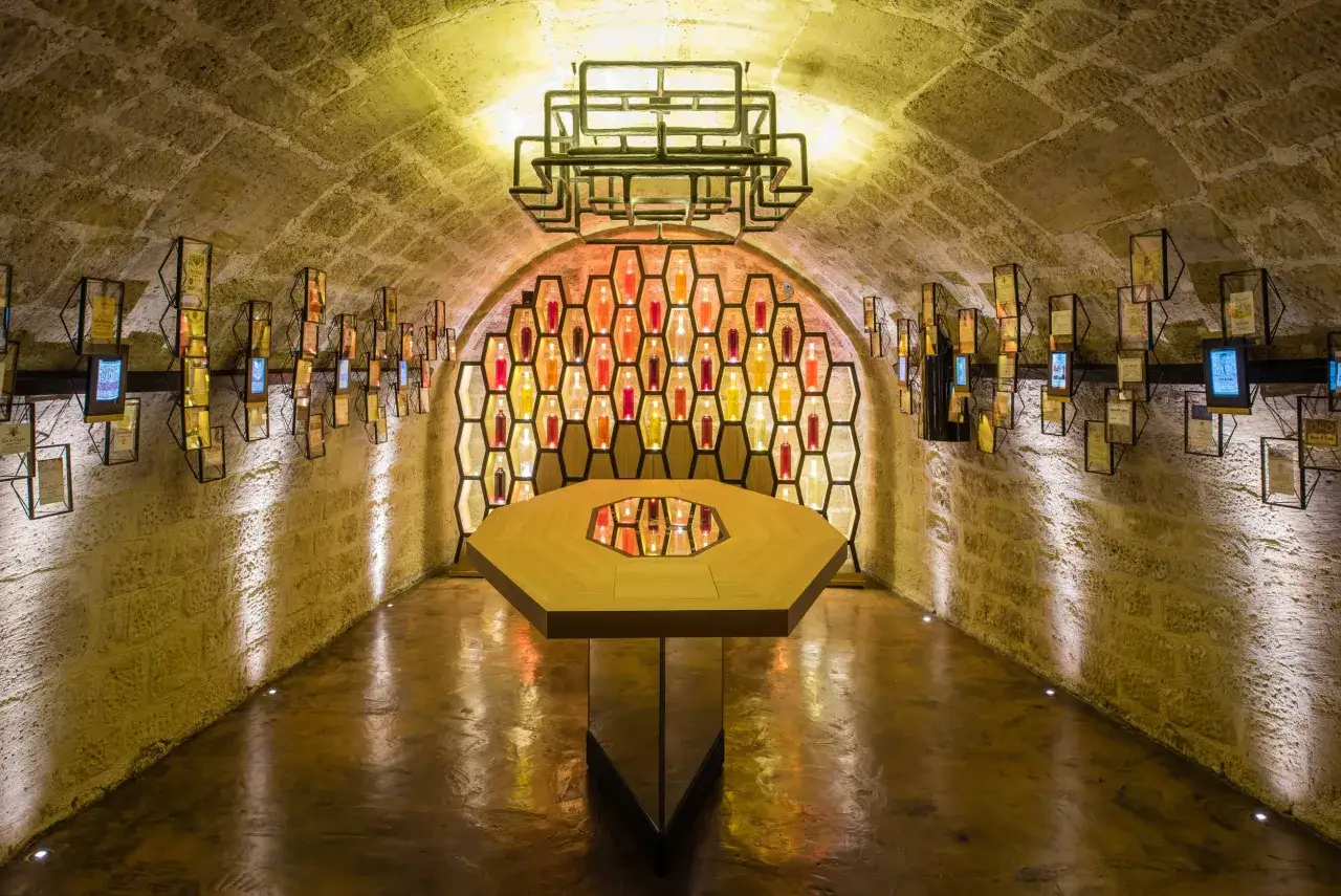 Ambiance unique aux Caves du Louvre : table octogonale, mur de bouteilles colorées et présentoirs d'étiquettes. Avis aux amateurs de vin !