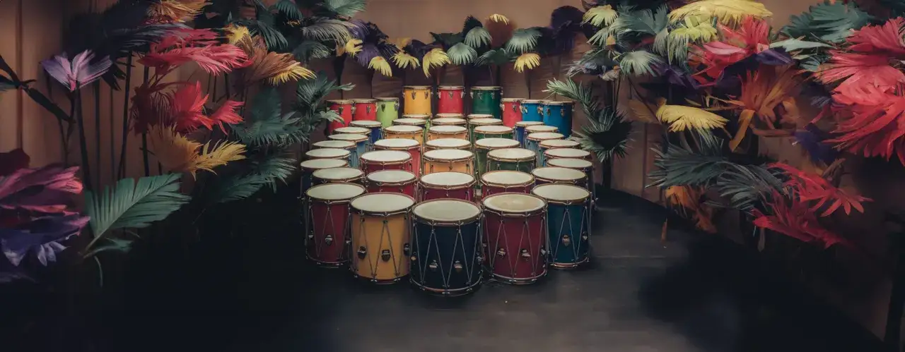 Un ensemble de tambours color&eacute;s, pr&ecirc;ts pour une explosion de percussion br&eacute;silienne, entour&eacute;s de feuillages vibrants.