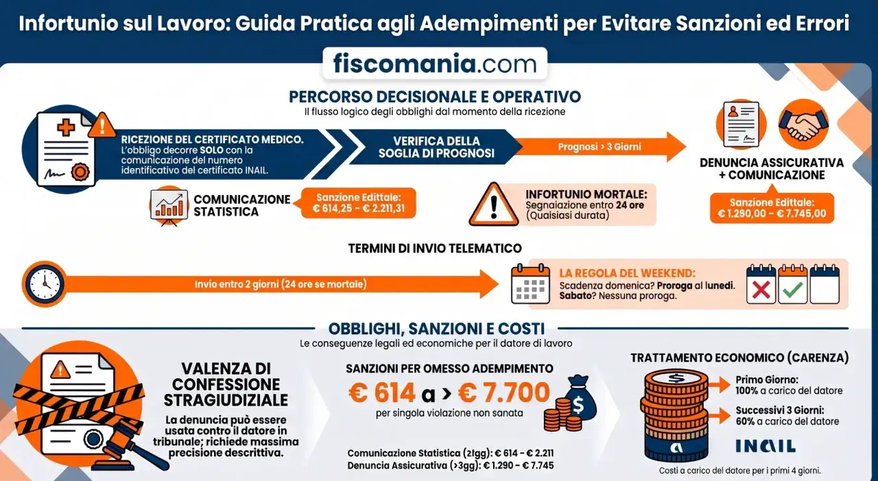 Guida per infortunio sul lavoro: percorso decisionale, sanzioni e costi. Include esempio busta paga con infortunio e comunicazioni INAIL.