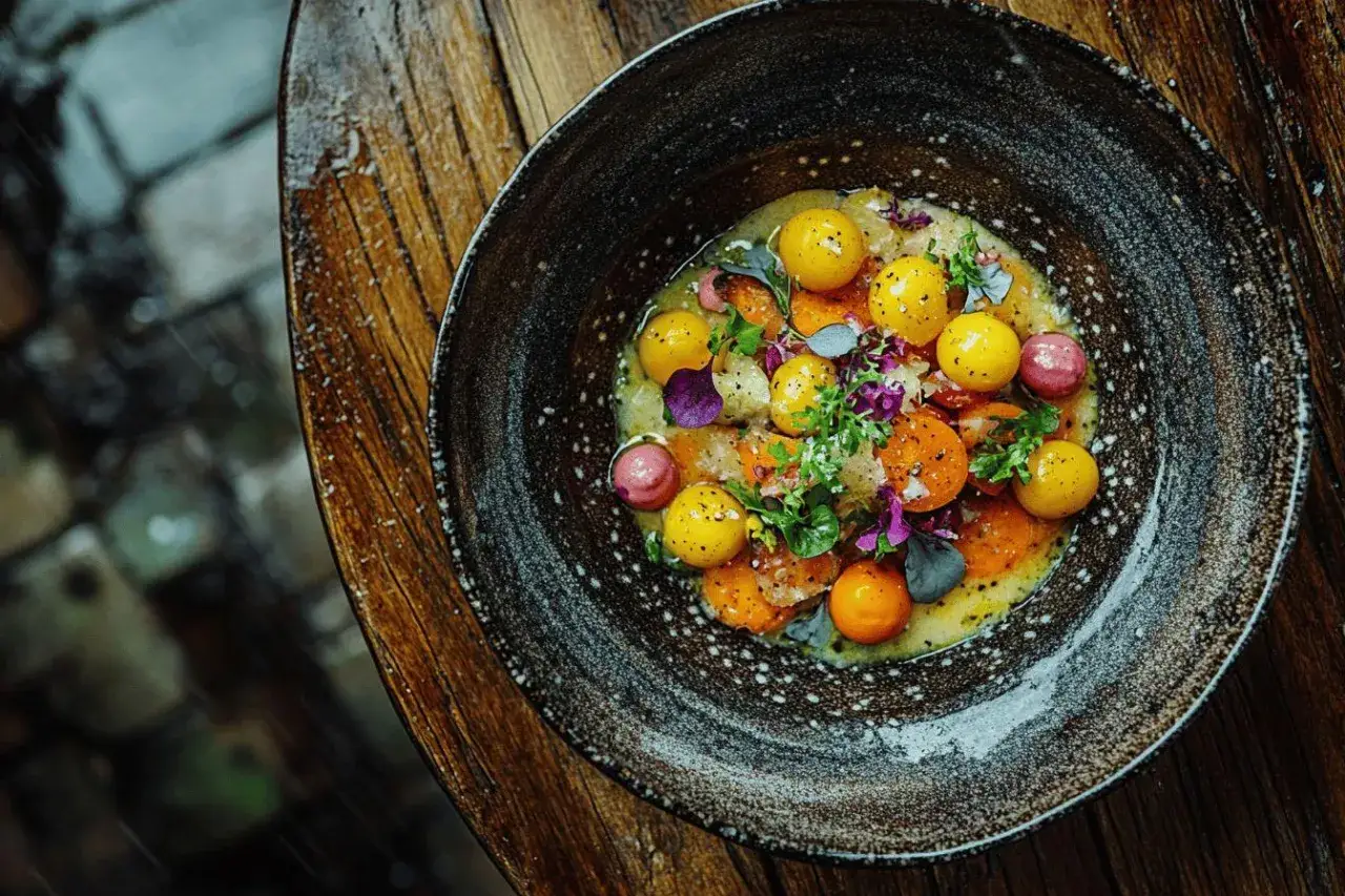 Un plat coloré avec des tomates cerises jaunes et roses, des carottes et des herbes, évoquant les spécialités d'Aurillac.