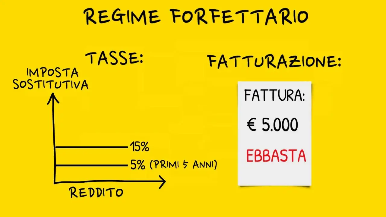 Regime forfettario: tasse al 15% o 5% per i primi 5 anni, fattura di 5.000&euro;. Costi di gestione minimi.