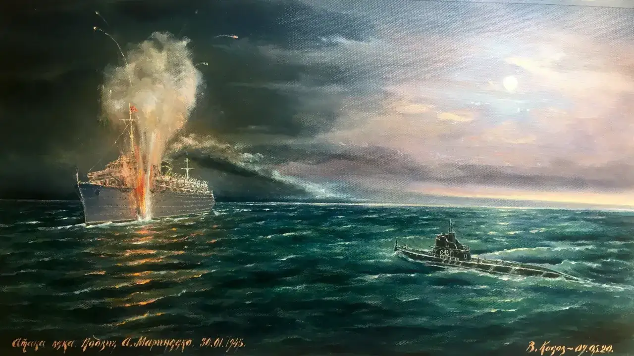 Tragiczny atak na Wilhelm Gustloff. Płonący statek, łódź podwodna, noc. Zginęło ok. 9400 osób.