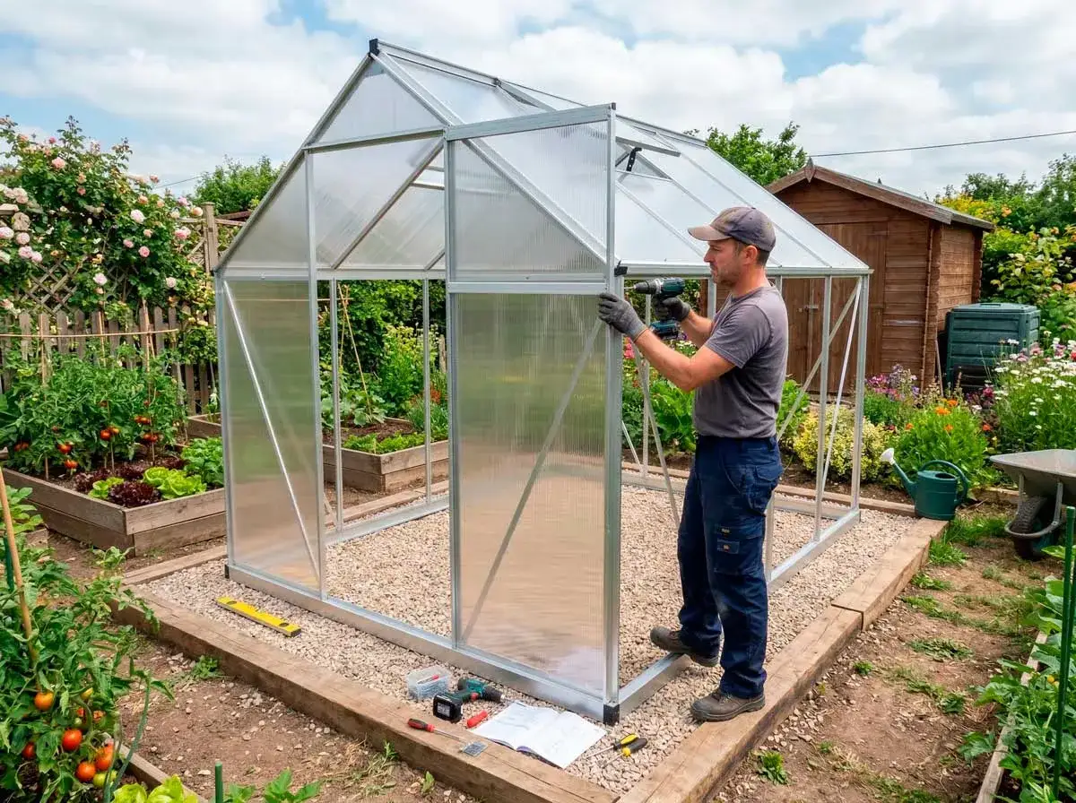 Hombre montando un invernadero casero en un jard&iacute;n con plantas y flores.