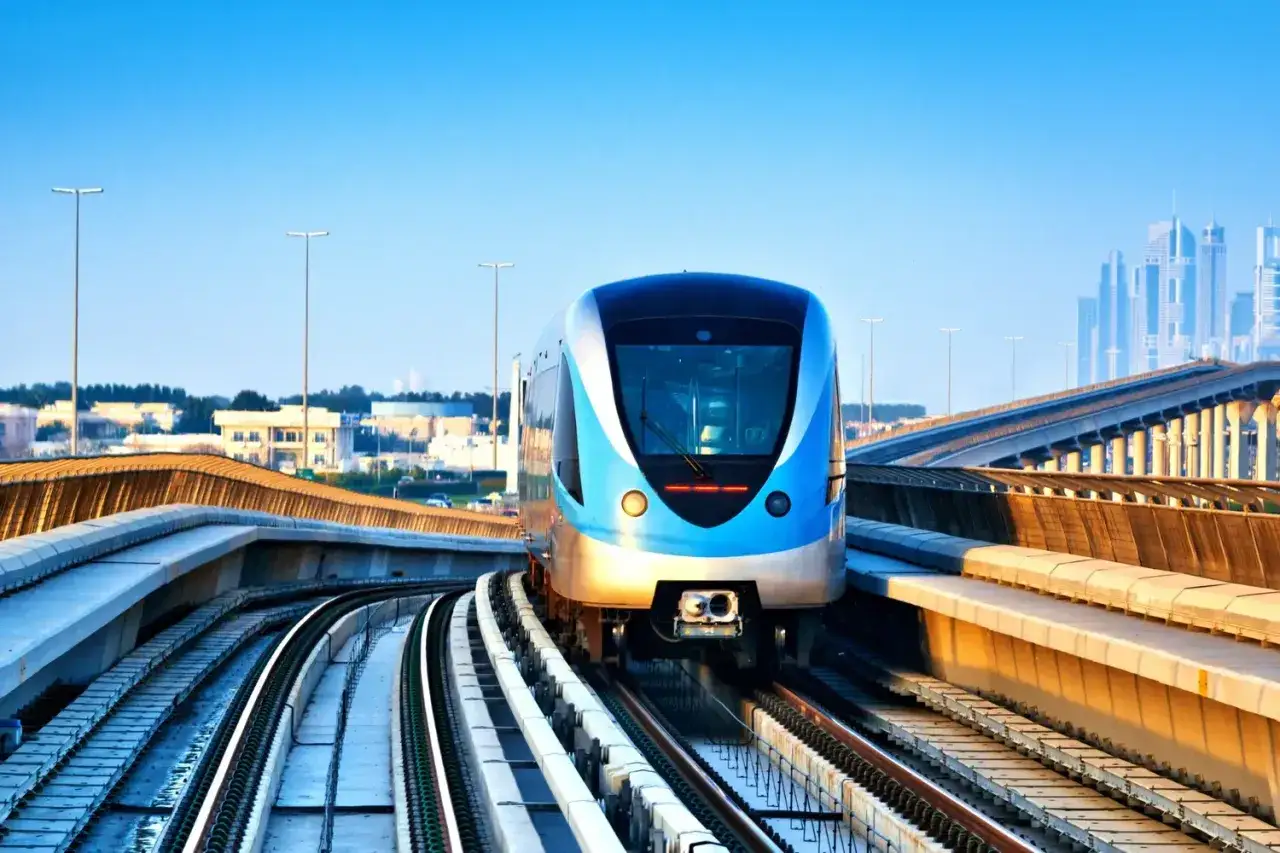 Nowoczesny, niebiesko-srebrny pociąg metra w Dubaju pędzi po estakadzie. Widok na drapacze chmur w tle. Ceny w Dubaju mogą być wysokie, ale transport publiczny jest efektywny.
