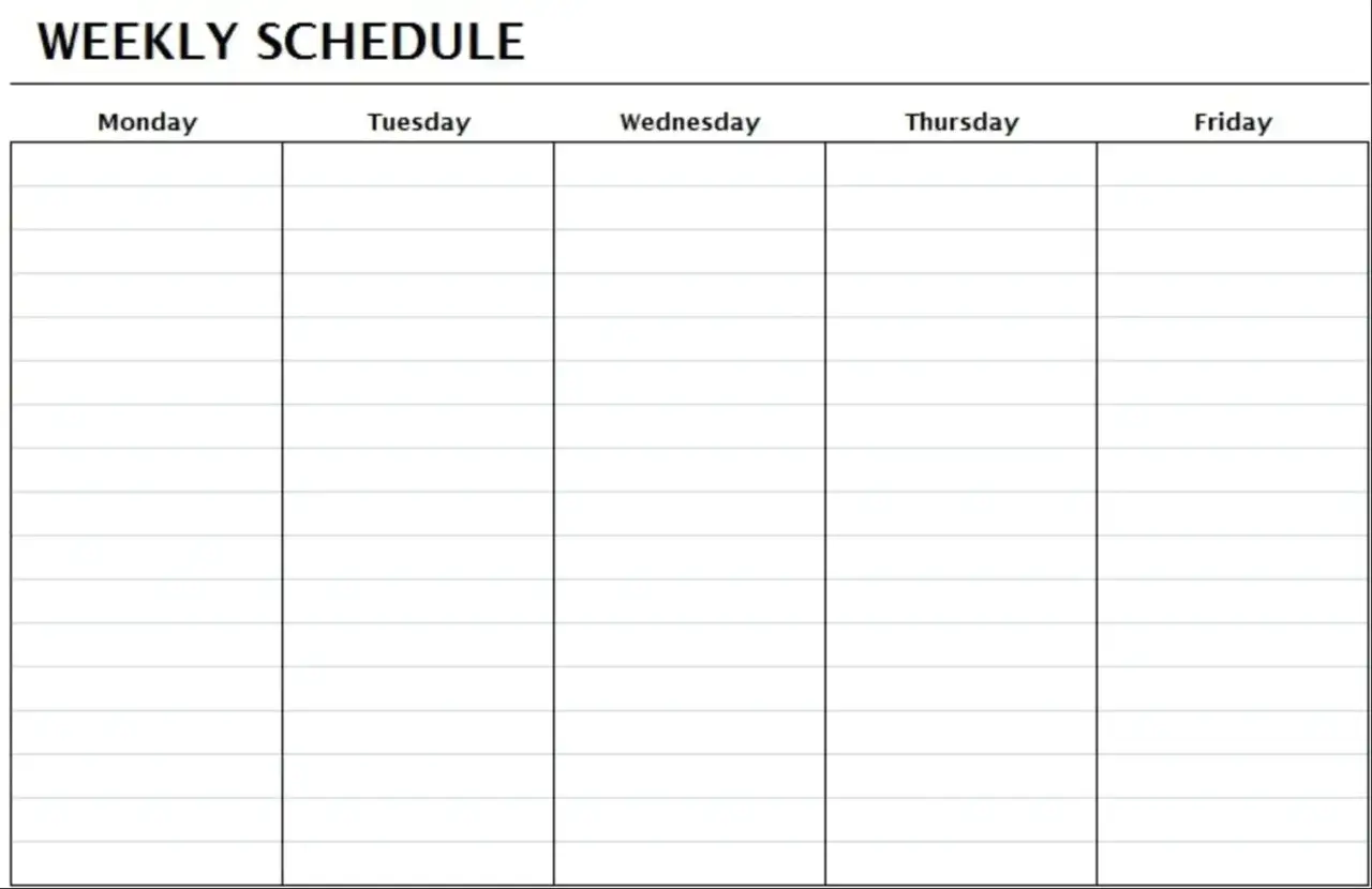 Tabella vuota per pianificare l'inizio settimana in inglese: Monday, Tuesday, Wednesday, Thursday, Friday.