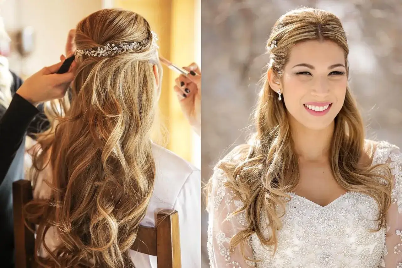 Braut mit offenen Haaren und Locken, geschmückt mit einem Diadem. Perfekt für die Hochzeit.