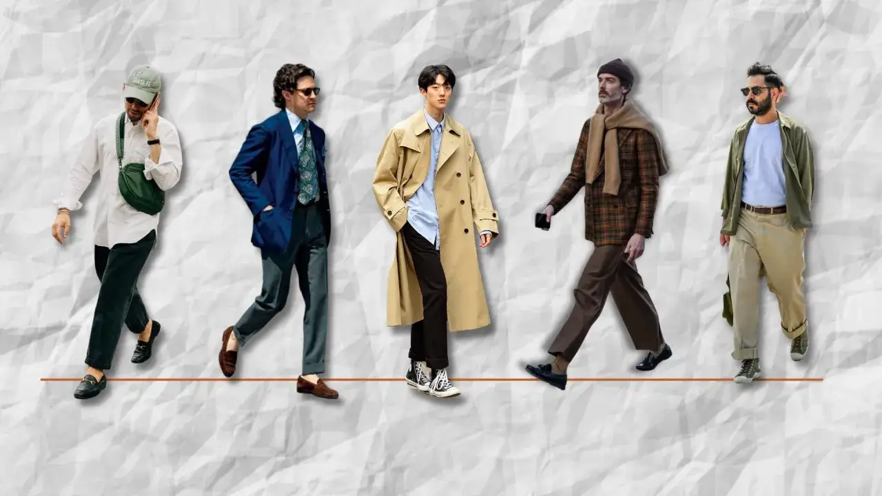 Pięciu mężczyzn prezentuje r&oacute;żnorodne męskie style ubioru: od casualowych po eleganckie.