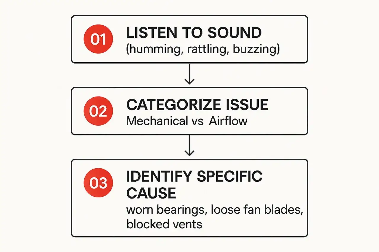 Diagrama para diagnosticar el ruido del aire acondicionado: escuchar, categorizar (mecánico/aire) e identificar la causa (rodamientos, aspas, ventilación).