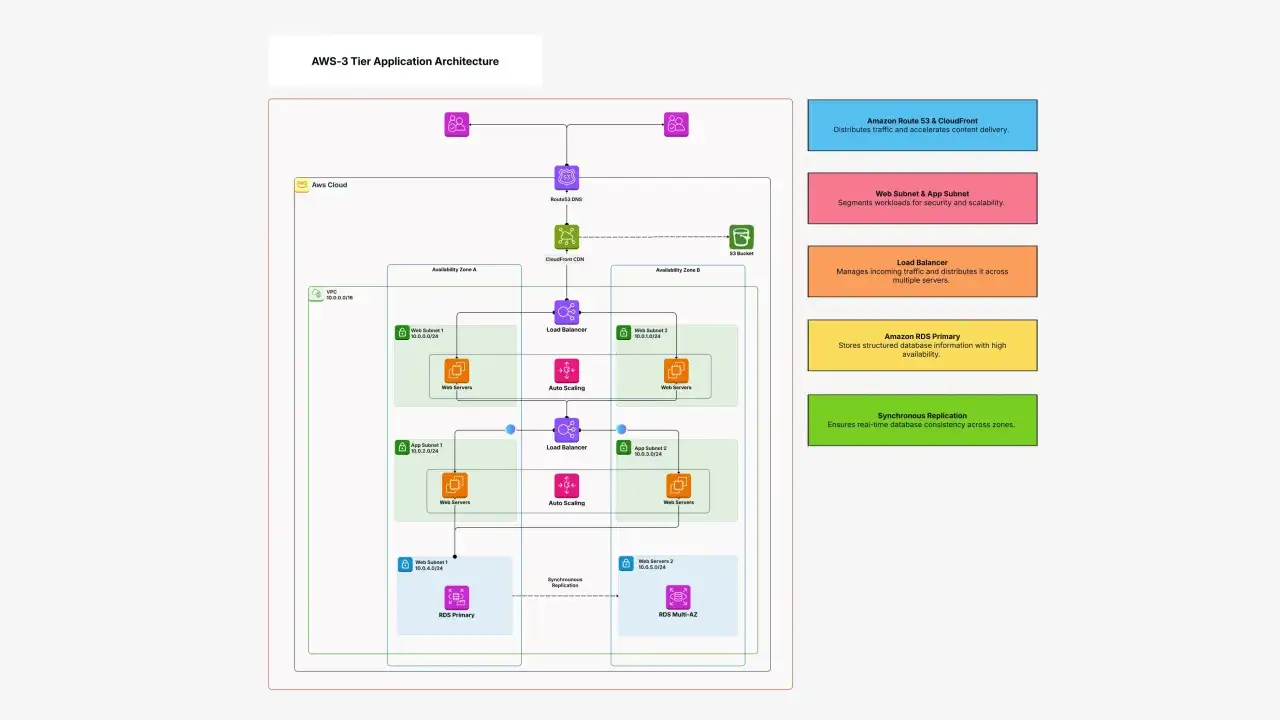 Architecture 3 tiers : Route 53, CloudFront, Load Balancers, Auto Scaling, Web/App Subnets, RDS Primary et Multi-AZ pour une haute disponibilité.