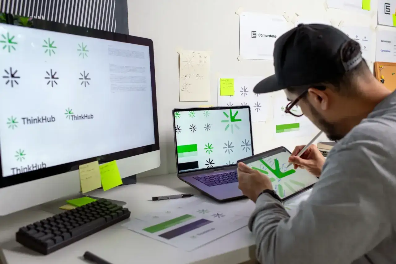 Grafik komputerowy pracuje nad logo. Zastanawia się, ile zarabia grafik komputerowy, tworząc projekty.
