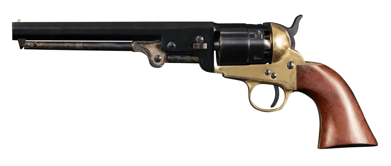 Pistolet &agrave; poudre noire, un objet historique dont la l&eacute;gislation est complexe. Son design classique avec crosse en bois et d&eacute;tails dor&eacute;s.