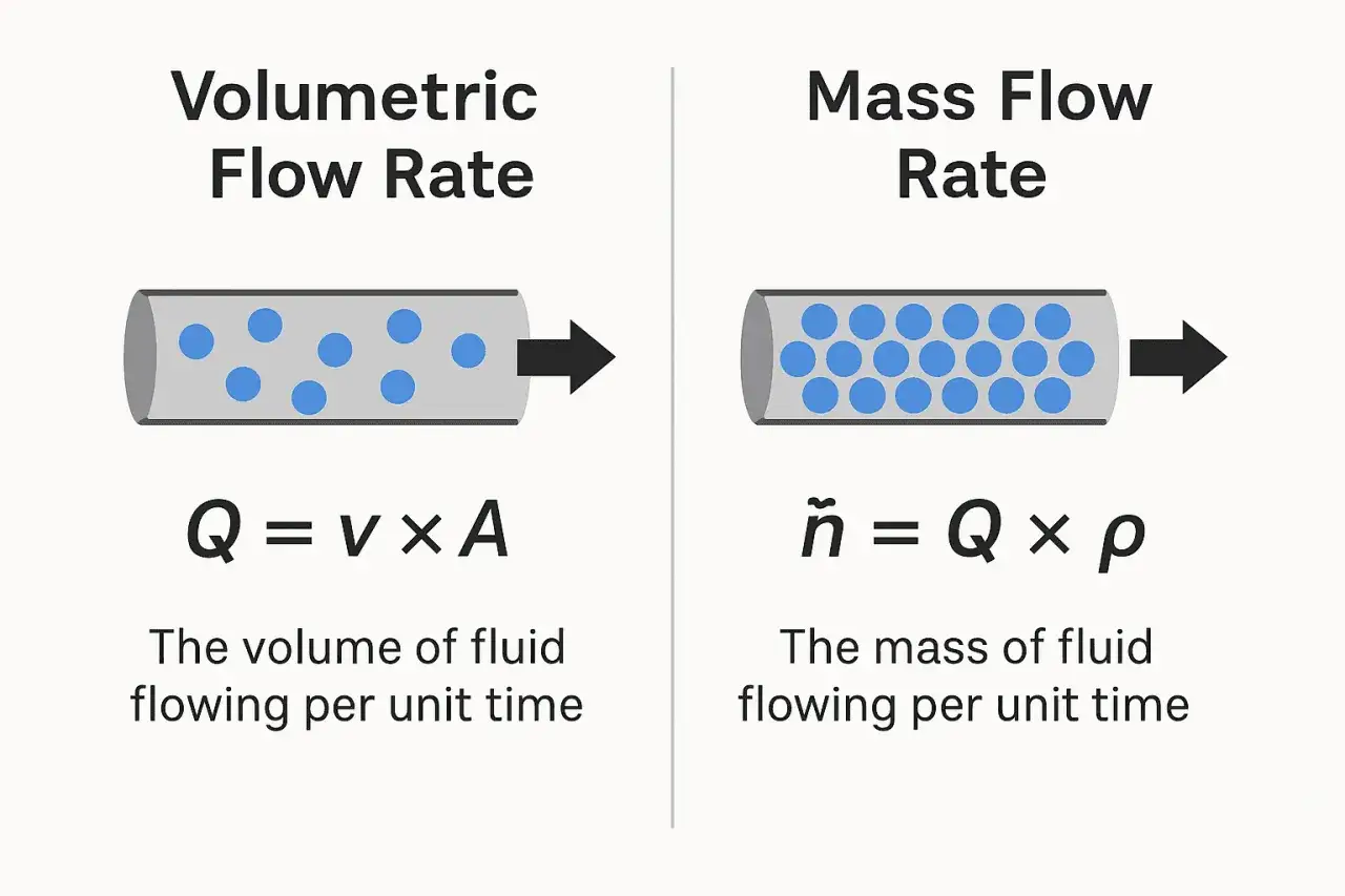 Comparación de caudal volumétrico (Q=vxA) y caudal másico (ñ=Qxp). Ilustra cómo calcular el caudal másico a partir del caudal volumétrico y la densidad.