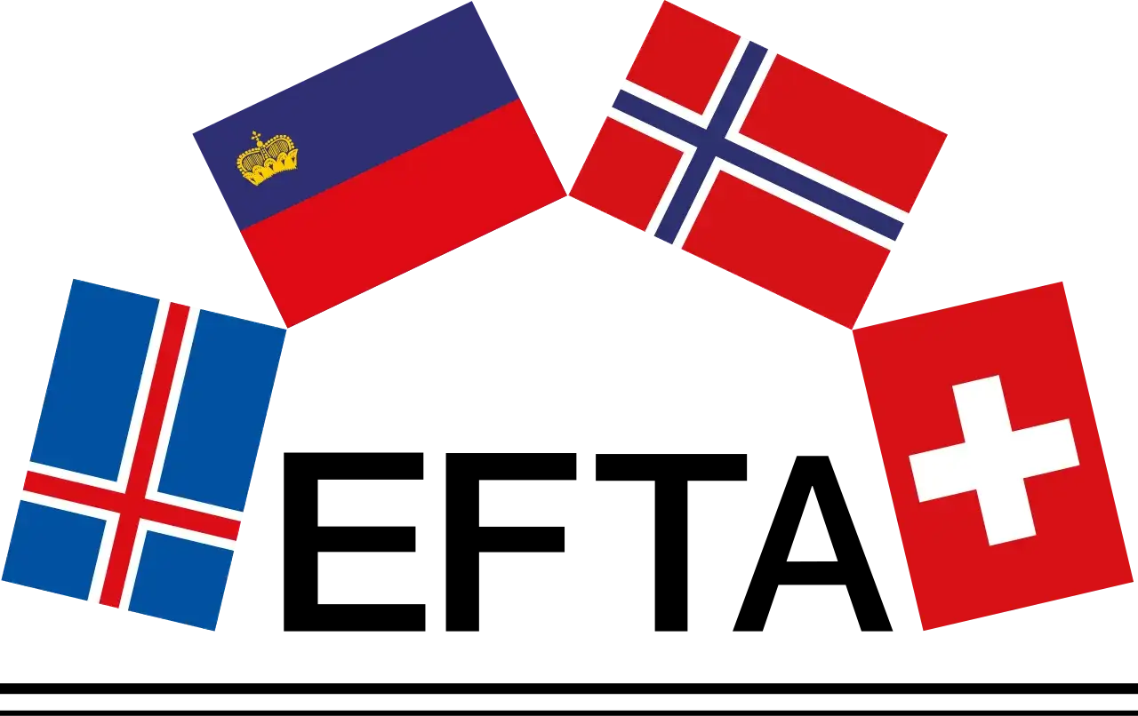 Flagi Islandii, Liechtensteinu, Norwegii i Szwajcarii tworzą łuk. Cztery kraje EFTA w barwach narodowych.
