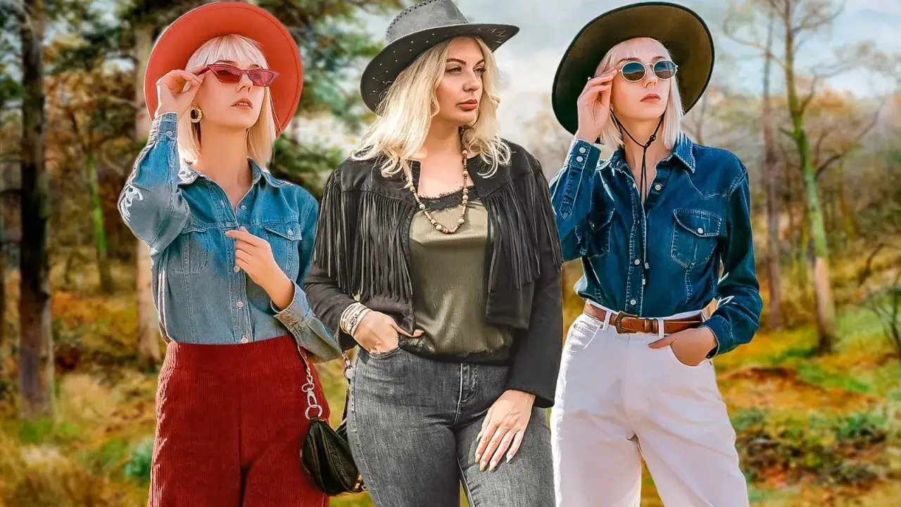 Trzy kobiety w kapeluszach i dżinsowych koszulach, prezentujące styl country.