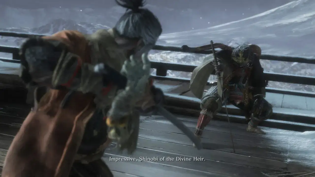 Genichiro w zbroi i z łukiem, gotowy do walki z shinobi.