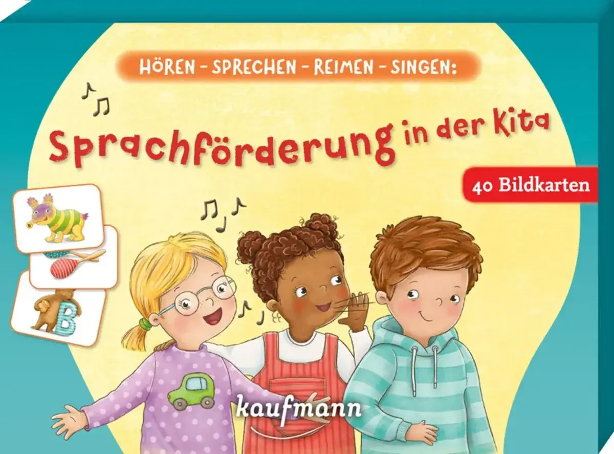 Drei Kinder lernen spielerisch, wie man **reime auf lieder** findet. Bildkarten mit lustigen Motiven helfen dabei.