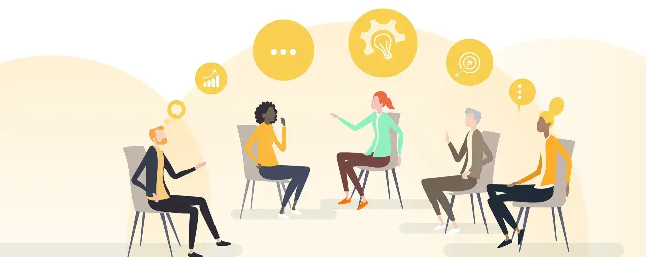 Groep mensen in gesprek, met gedachtebellen met symbolen. Een voorbeeld van hoe denigrerende opmerkingen de sfeer kunnen verpesten.
