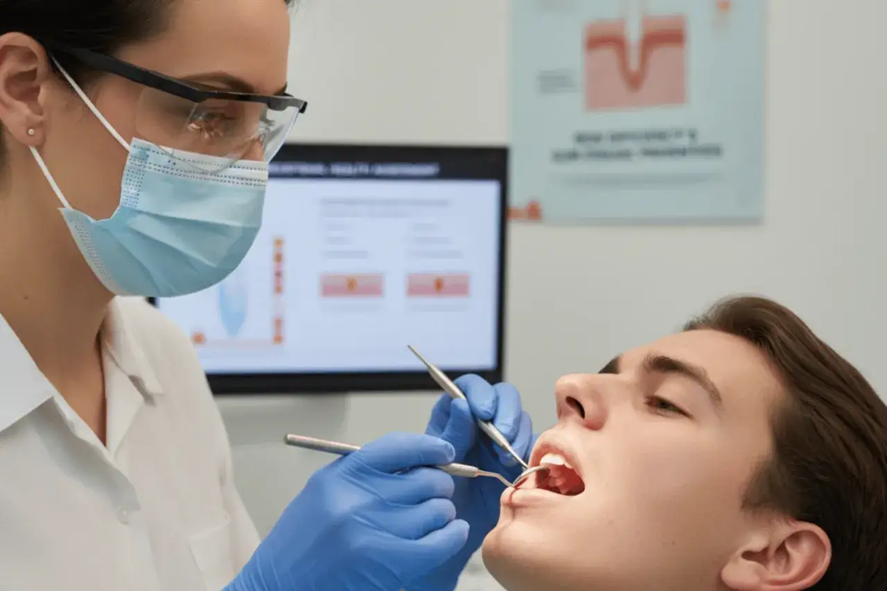 Dentista examina la boca de un paciente, revisando posibles encias sangrantes.