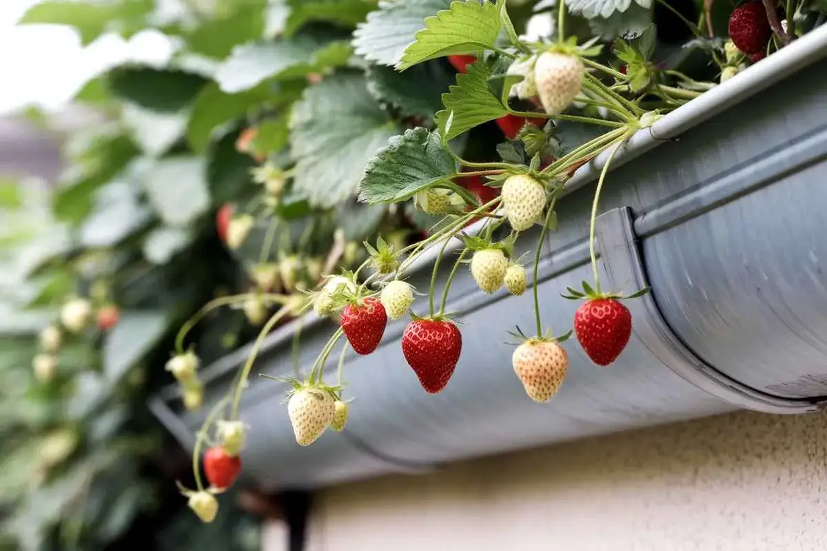 Fraisiers en gouttière : avis sur cette culture astucieuse. Des fraises mûrissent et pendent le long d'une gouttière grise.
