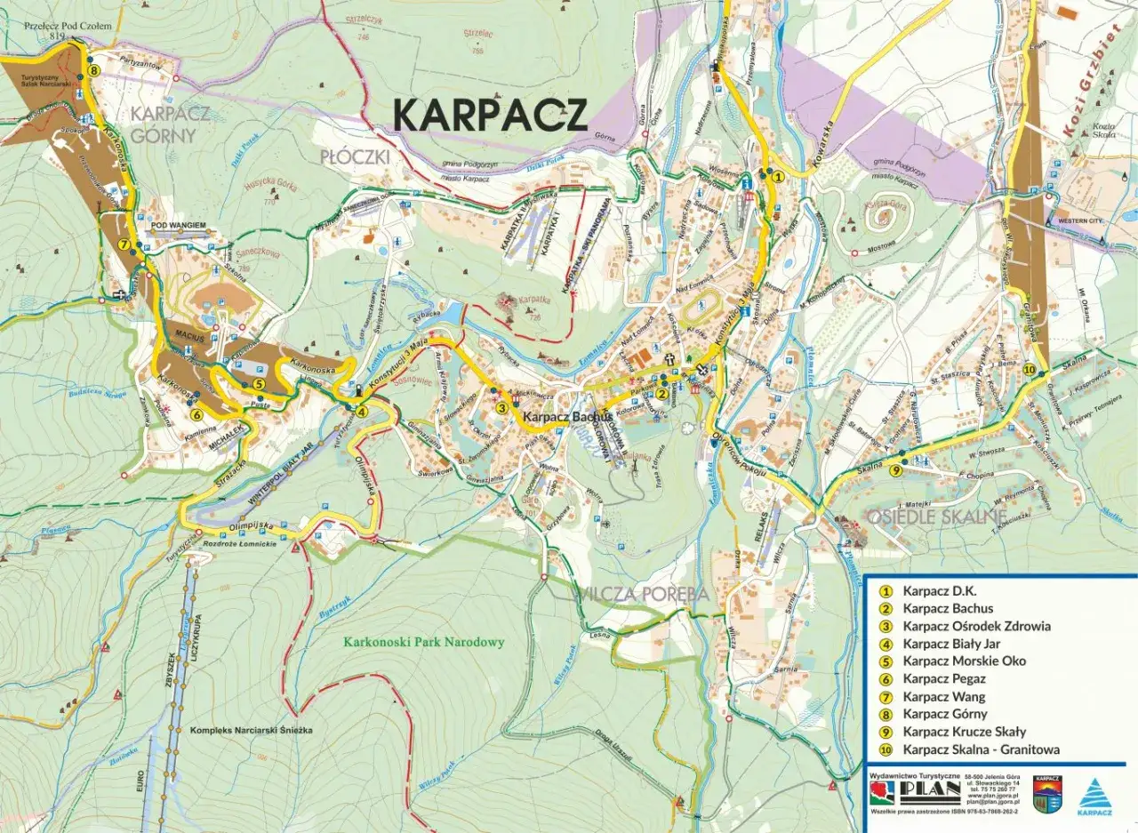 Mapa Karpacza z zaznaczonymi atrakcjami i szlakami. Znajdziesz tu m.in. Karpacz Górny, Płóczki, a także informację o karpacz bus cennik.